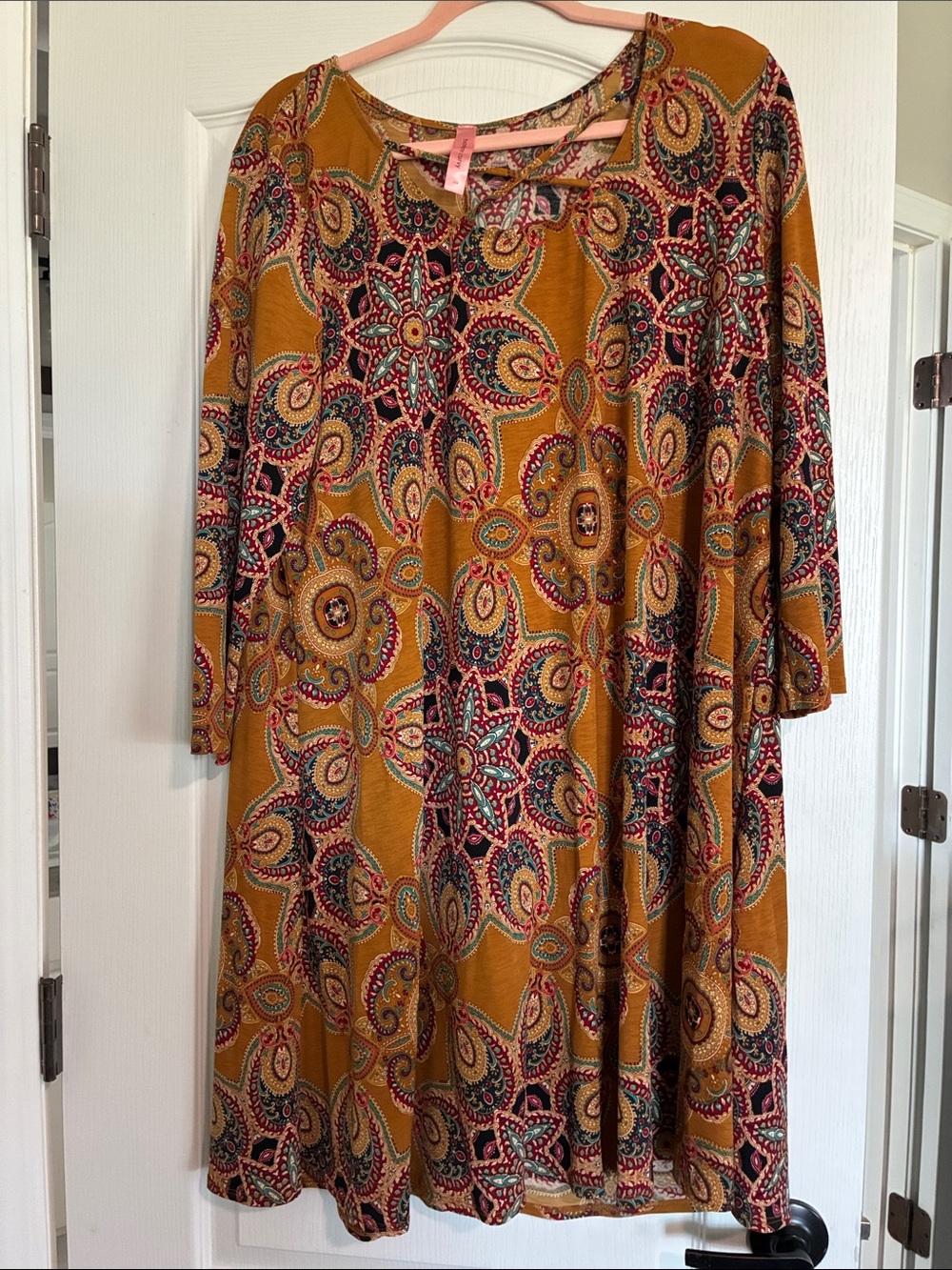 Honeyme Mustard Paisley Midi Dress with Pink and Teal Accents